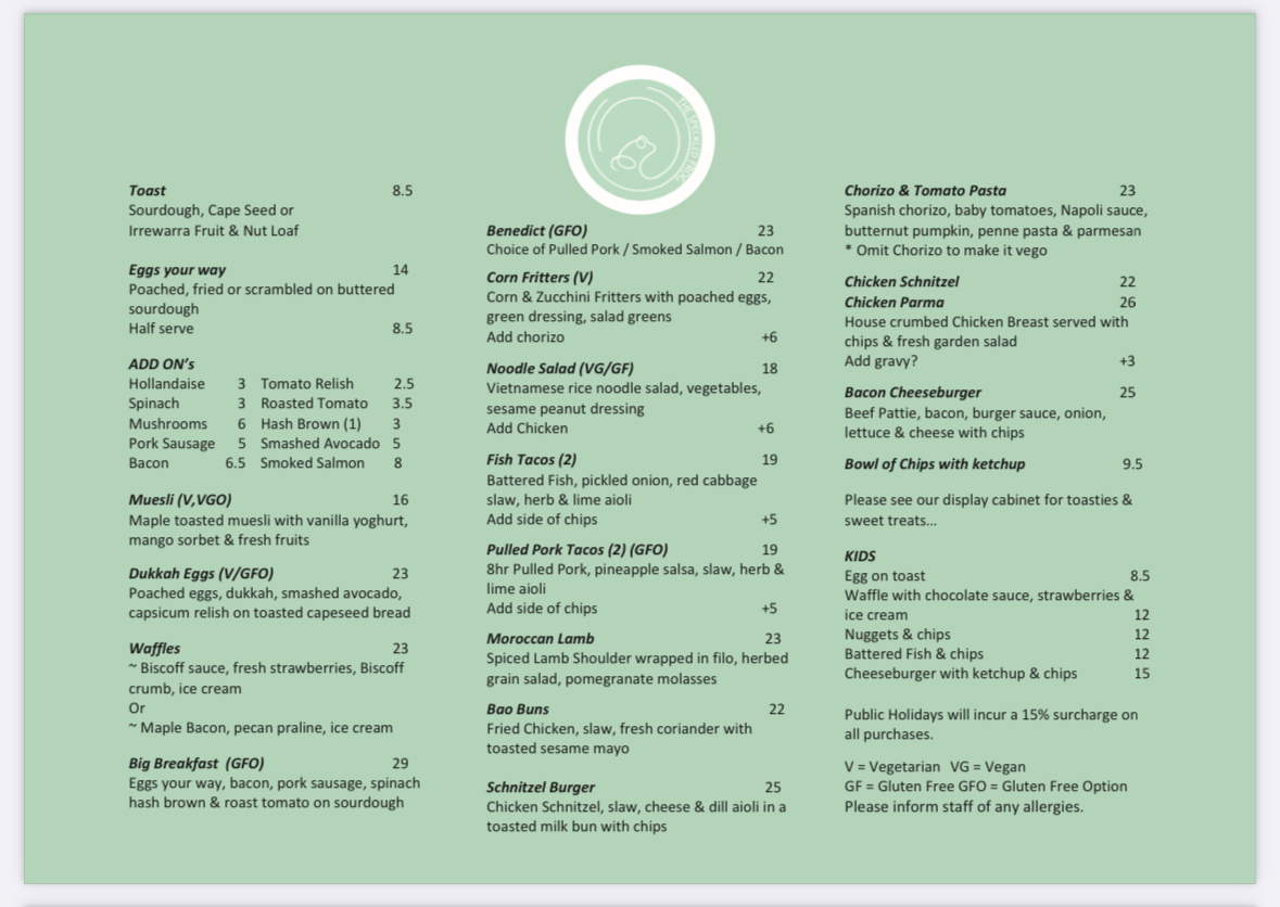 The Speckled Frog Menu 1