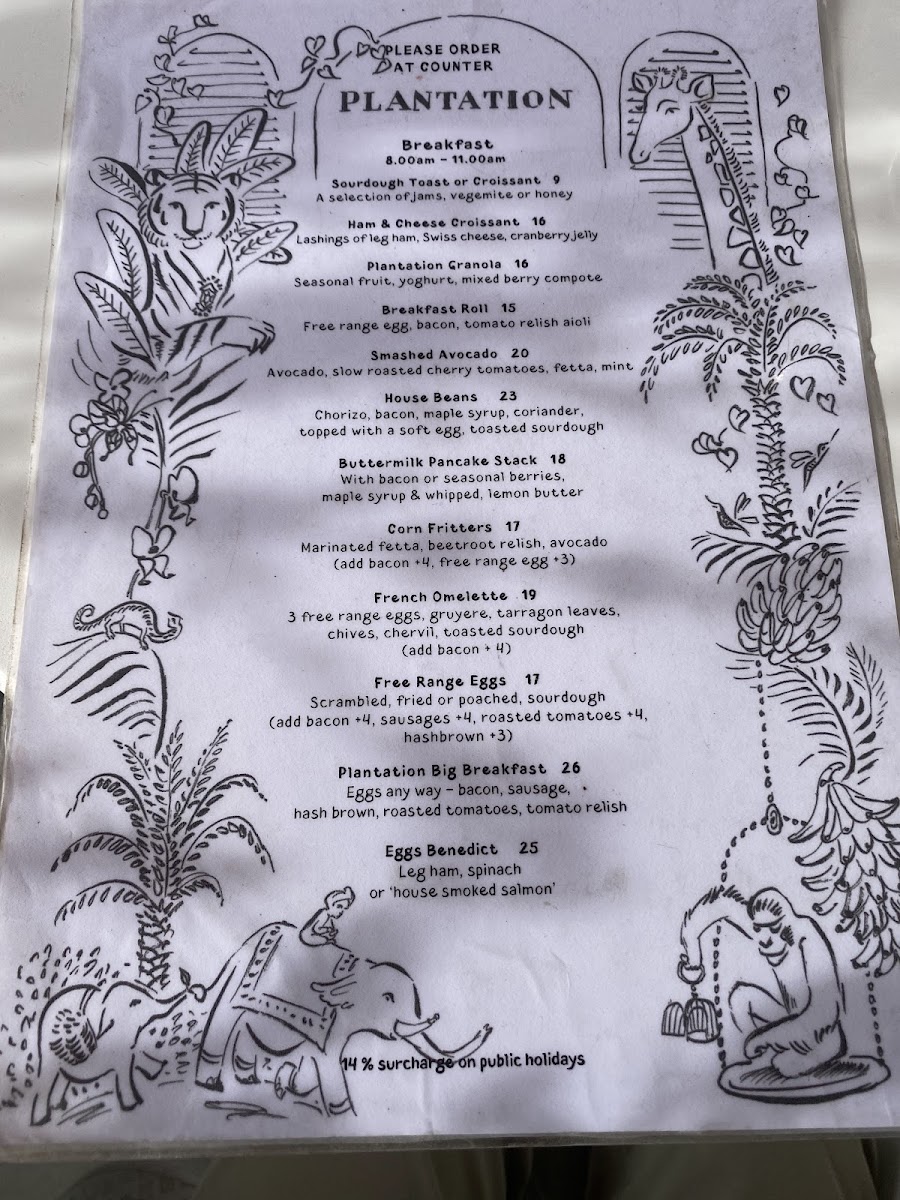 Plantation Cafe @ Green Lane Bowral Menu 1
